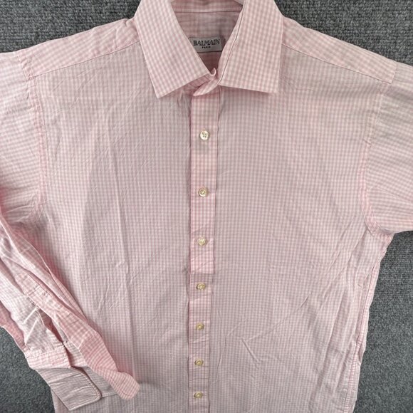 Balmain Cotton Polyester Check 15.5 Pink Shirt Long Sleeve Button Up Mens Spread - Picture 1 of 15